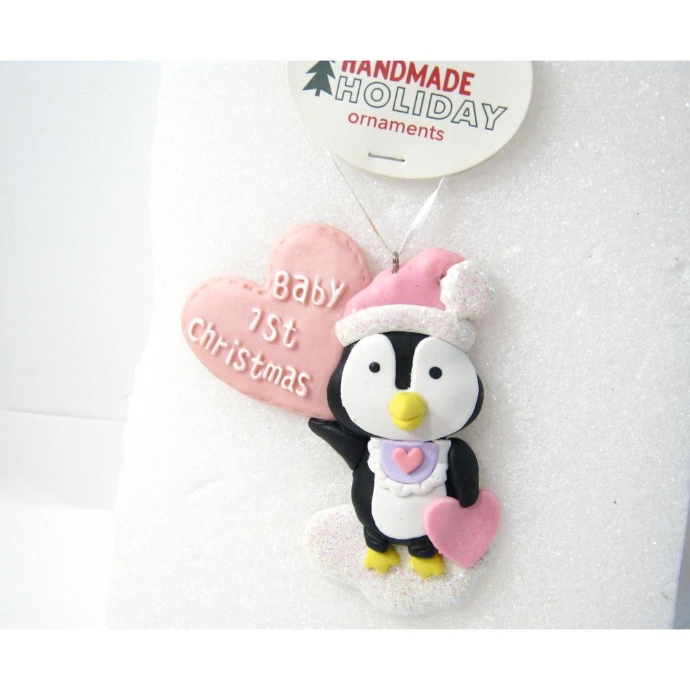 Baby's First Christmas Pink Penguin Hearts 4 inch Christmas Tree Ornament - Picture 3 of 3